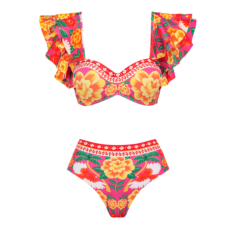 Flaxmaker ruffled contrast print bikini swimsuit and skirt