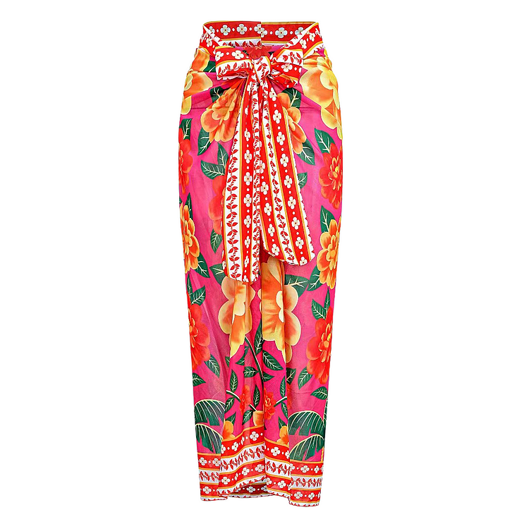 One-shoulder ruffled contrast print one piece swimsuit and sarong