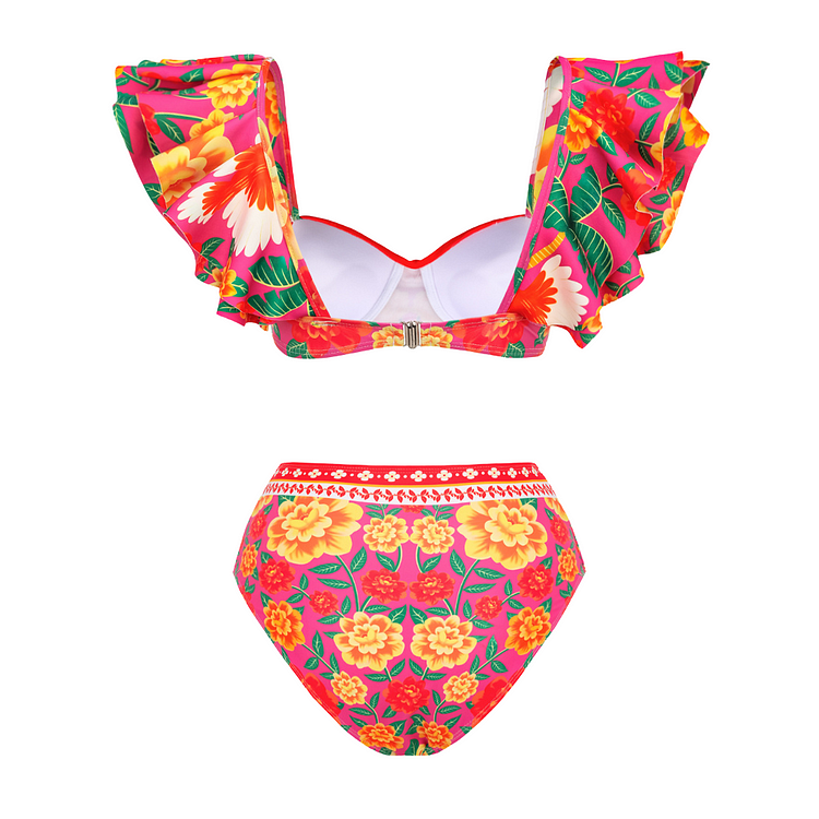 Flaxmaker ruffled contrast print bikini swimsuit and skirt
