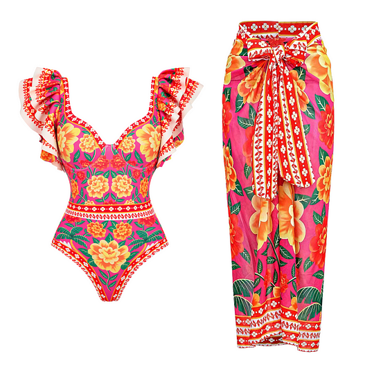 Ruffled contrast print one piece swimsuit and sarong