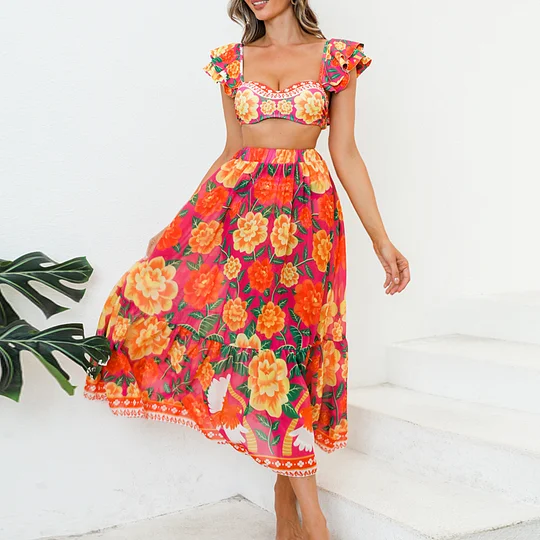 Flaxmaker ruffled contrast print bikini swimsuit and skirt