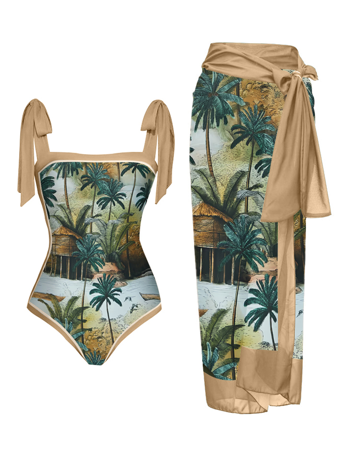 Fashion Print Lace Up One Piece Swimsuit