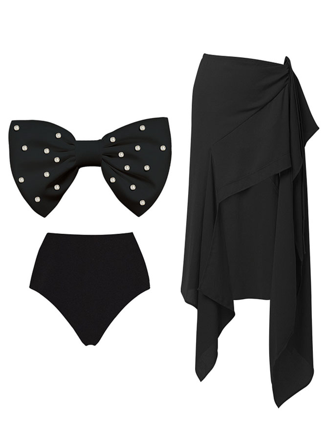 Bow-tie Pearl Decor Swimsuit and Skirt
