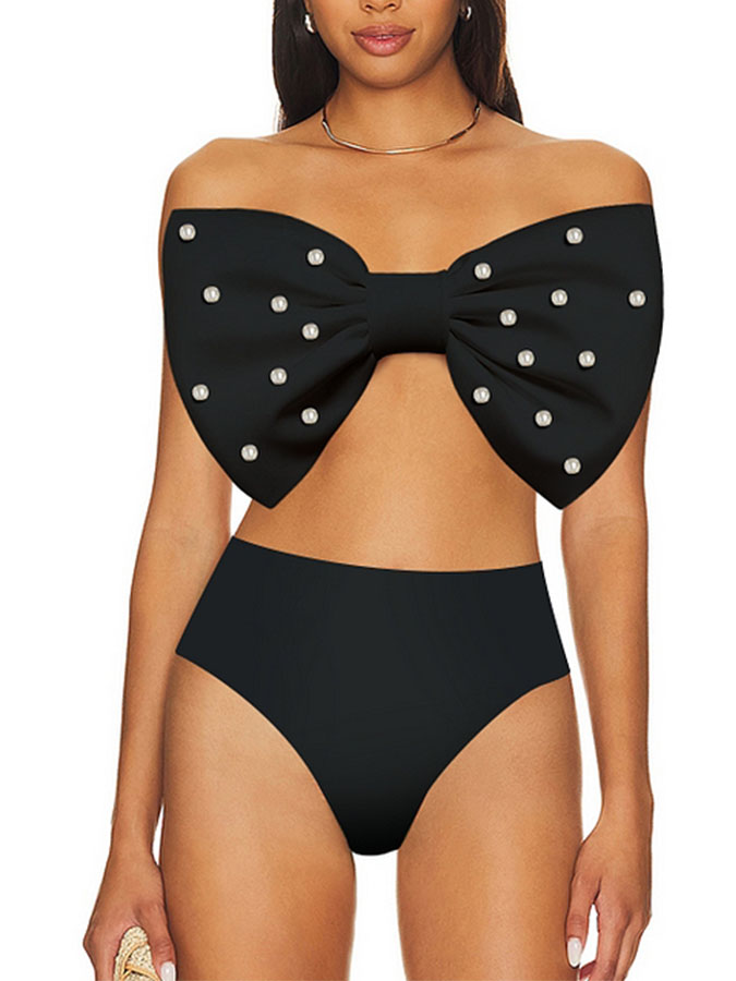 Bow-tie Pearl Decor Swimsuit and Skirt