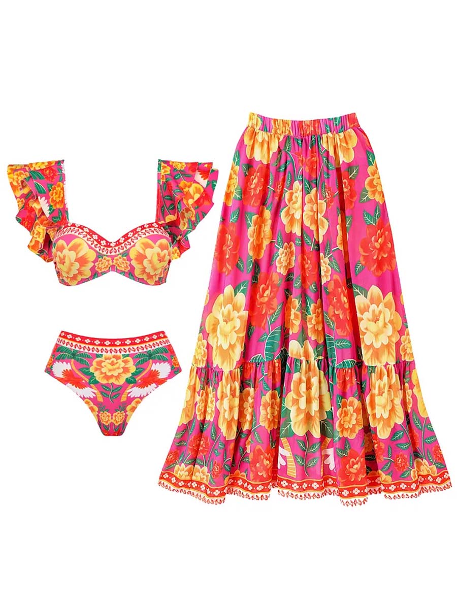  Ruffled Contrast Print Bikini Swimsuit and Skirt