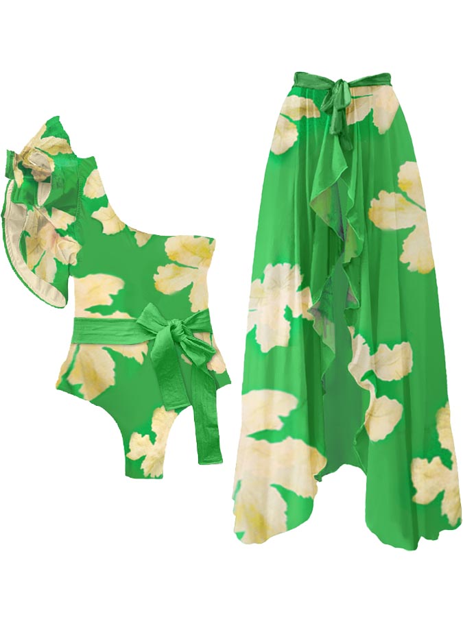 Ruffled Floral Colorblock Print Swimsuit and Cover-up