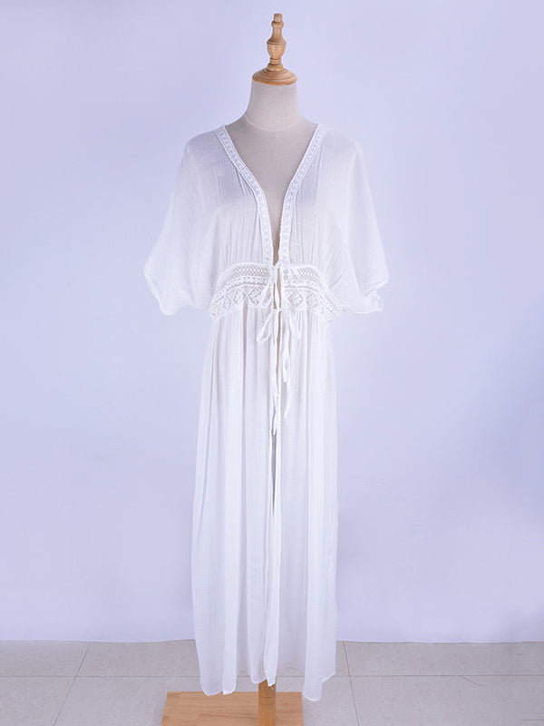 Deep V-Neck Solid Color Empire Bandage Lace-Up Cover-Up Swimwear