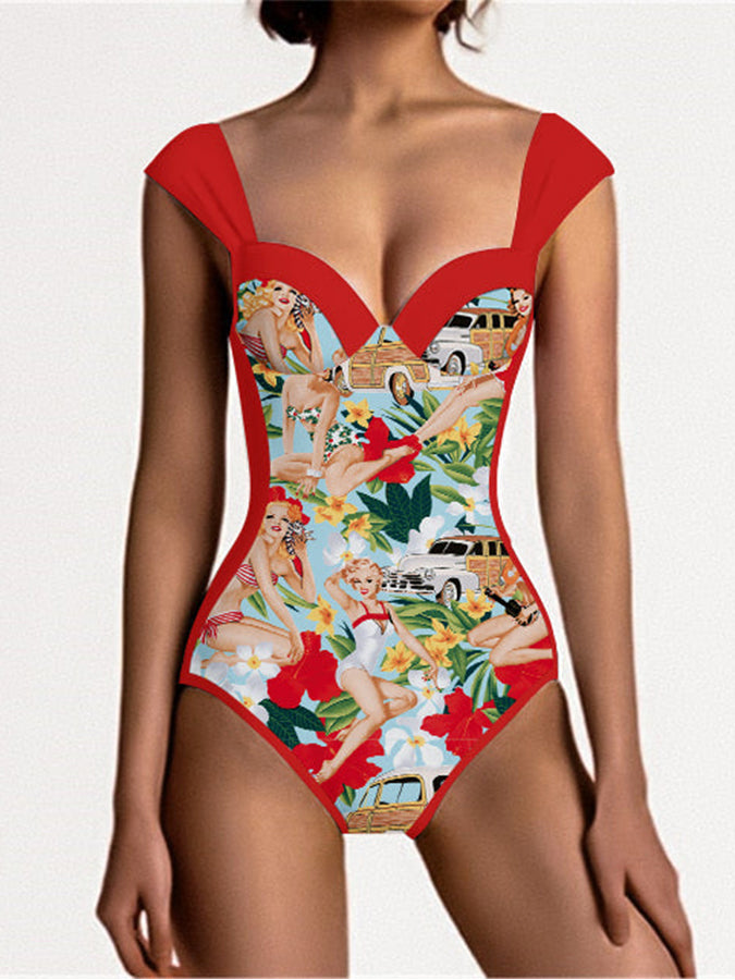 Fashion Colorblock Print One Piece Swimsuit and Cover Up