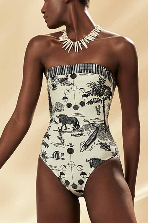 Printed Tube Top Sexy One-Piece Swimsuit