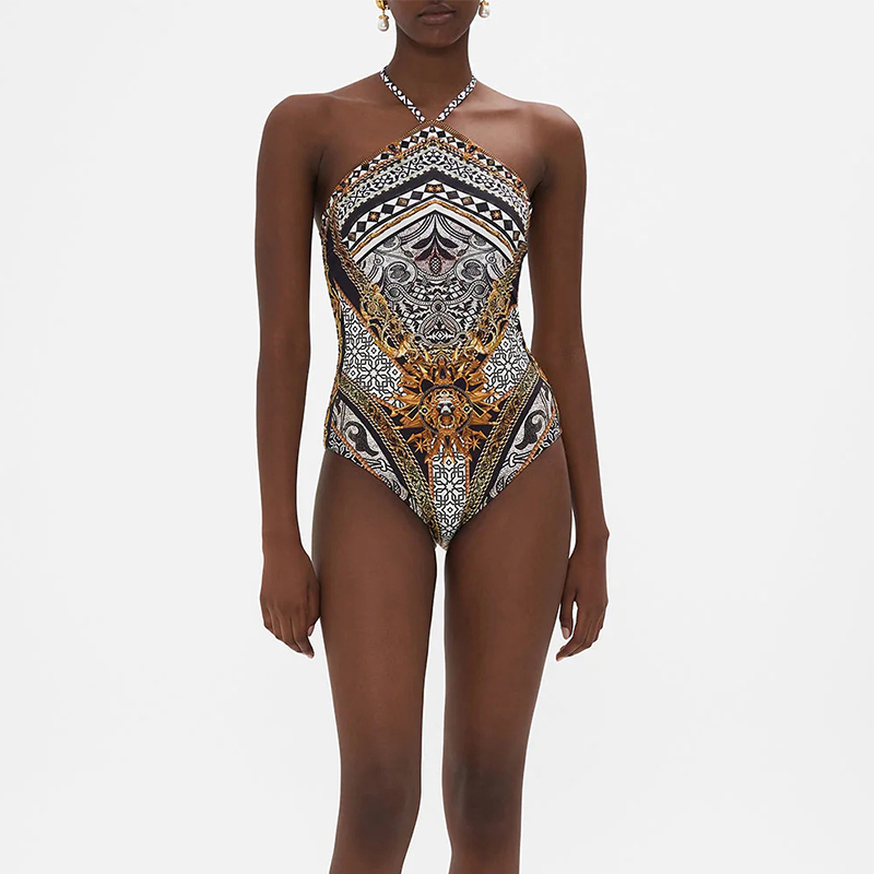 Printed Halter Swimsuit and Skirt