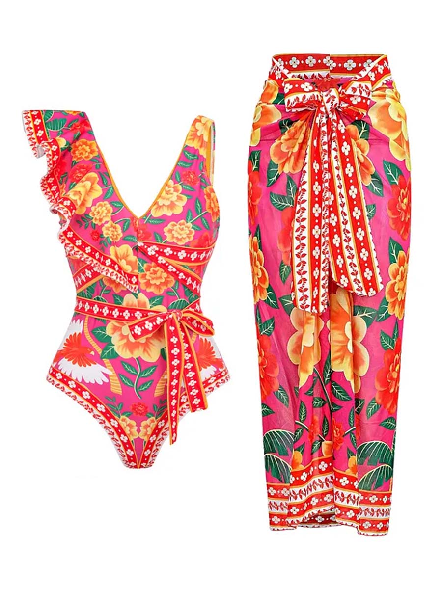 One-shoulder Ruffled Contrast Print One Piece Swimsuit and Sarong
