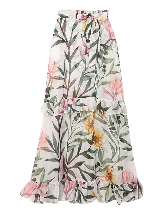 Ruffle One Shoulder Floral Printed Swimsuit and Skirt
