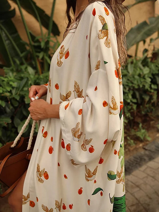 Vintage Back Printed Lace Up Beach Cover Up