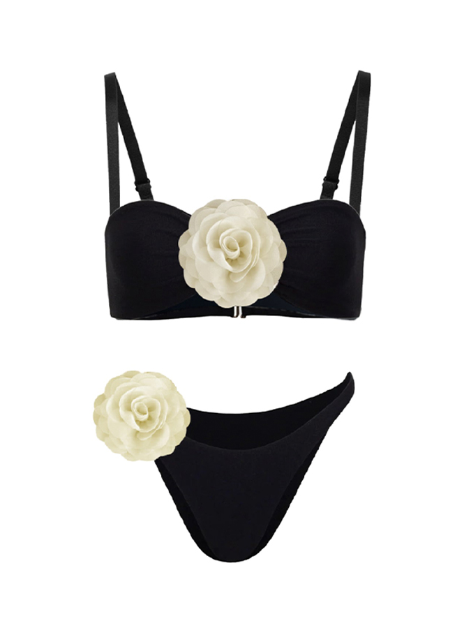 Sexy 3D Flowers Solid Color Bikini Swimsuit and Skirt