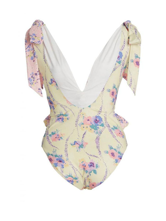 Printed Lace-Up One Piece Panel Swimsuit