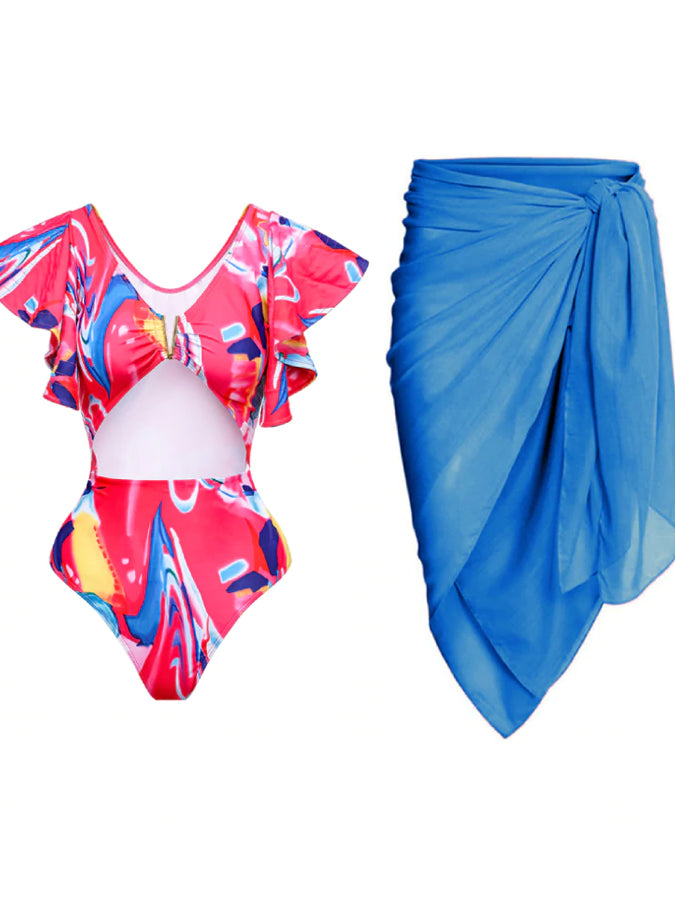 Printed Cutouts One-Piece Swimsuit and Cover-Up