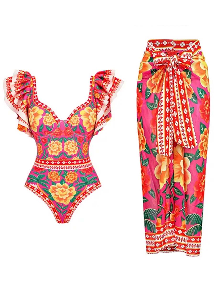 Ruffled Contrast Print One Piece Swimsuit and Sarong