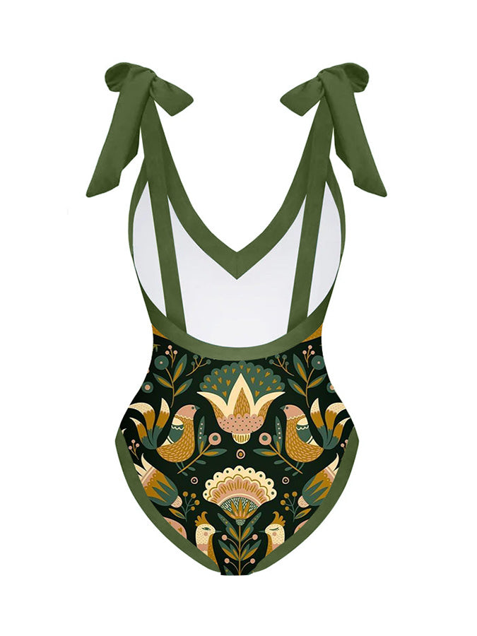 Vintage Print Tie One Piece Swimsuit