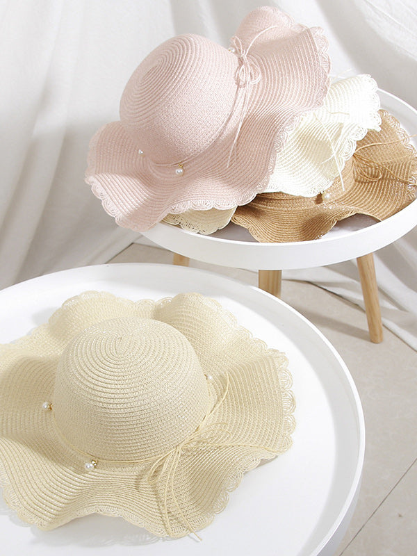 Wavy Edge Straw Woven Breathable Beaded Decorated Hat