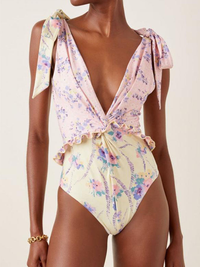 Printed Lace-Up One Piece Panel Swimsuit