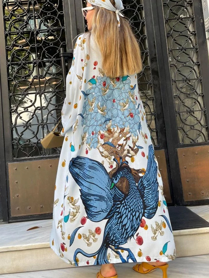 Vintage Back Printed Lace Up Beach Cover Up