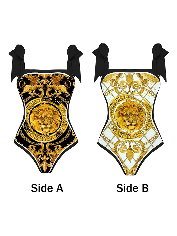 Gold Lion Pattern Print Reversible One Piece Swimsuit And Cover up