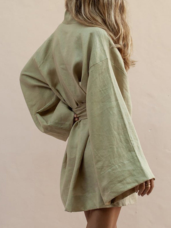 Solid Color Belted Bandage Long Sleeve Kimonohe Mini Dress