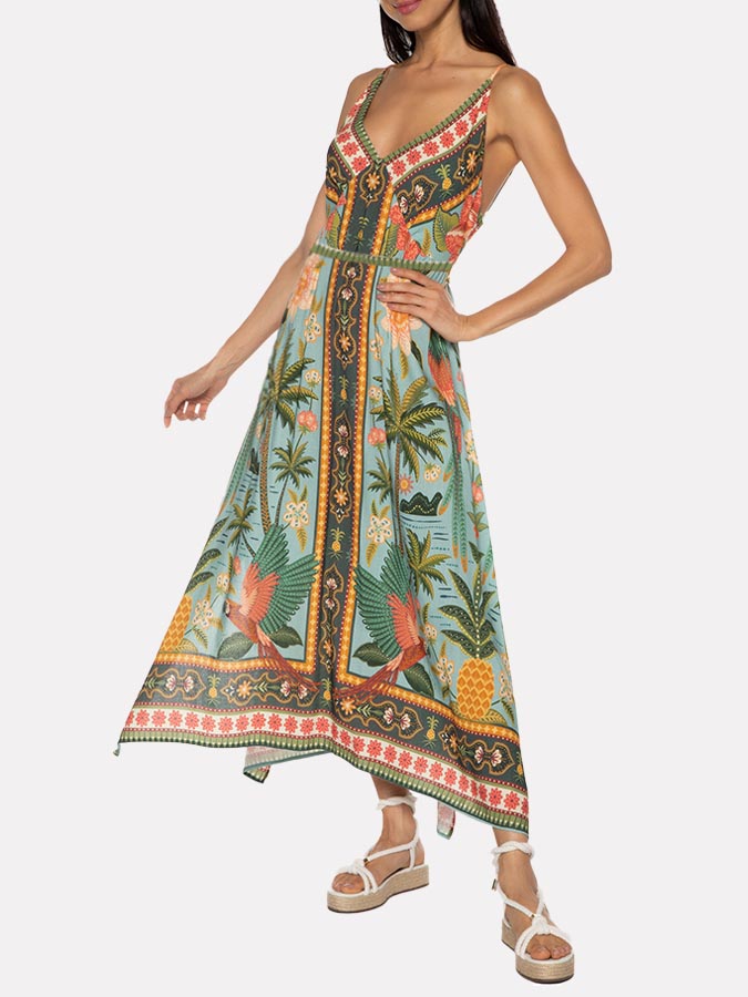 V Neck Vintage Print Swimsuit and Skirt