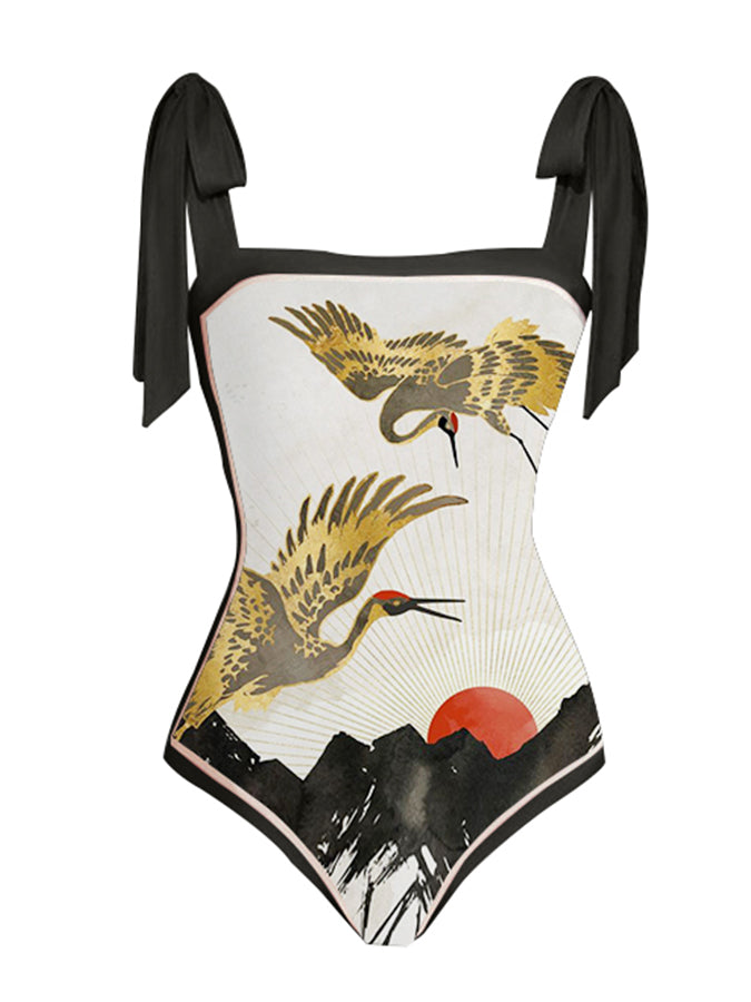 Vintage Animal Print Colorblock One Piece Swimsuit Set