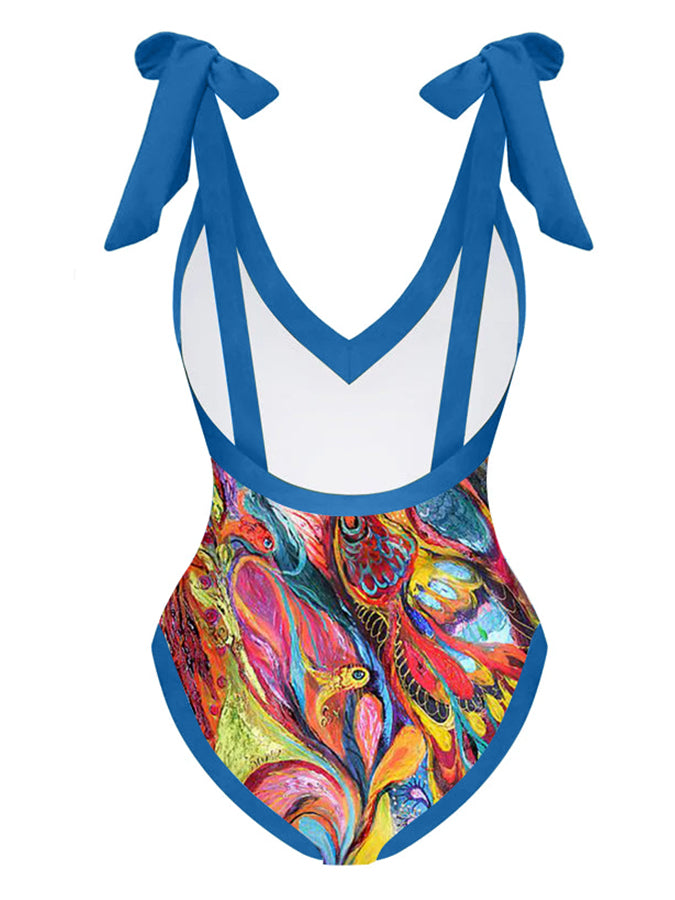 Vintage V-Neck Print One-Piece Swimsuit Set