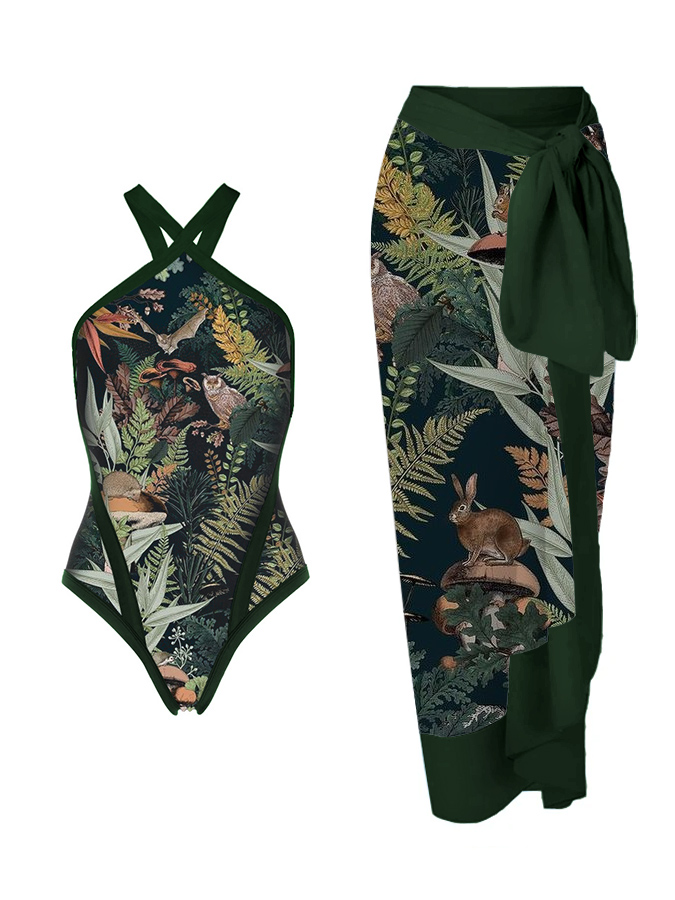 Fantasy Jungle Print One-Piece Swimsuit And Cover Up