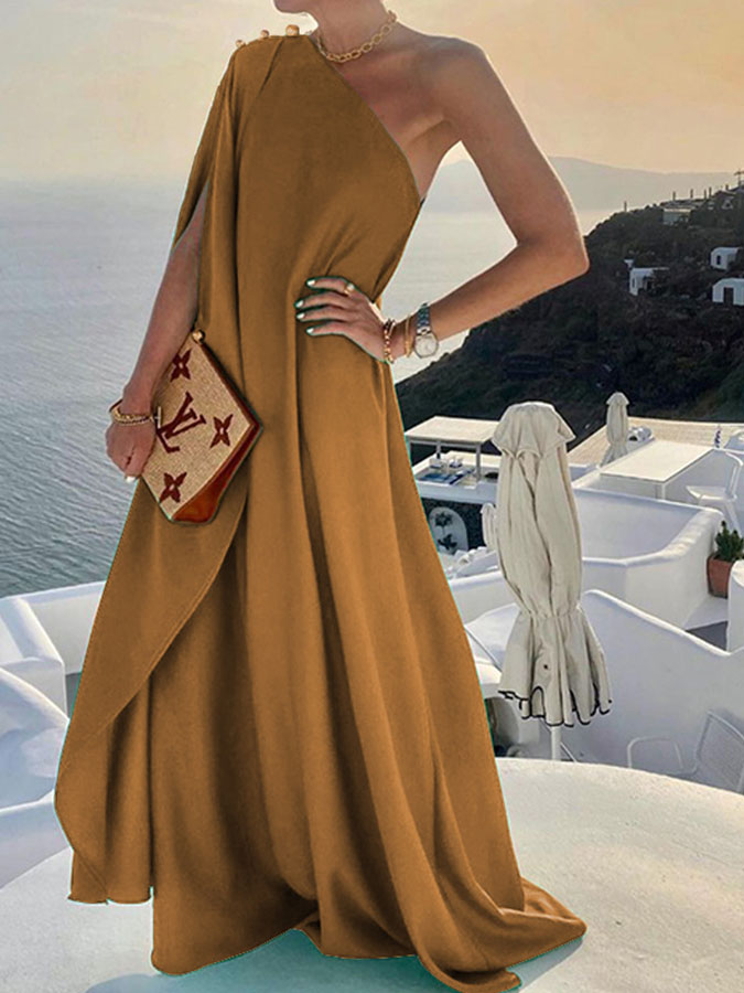 Stylish and Elegant Solid Color Loose One-shouldered Maxi Dress
