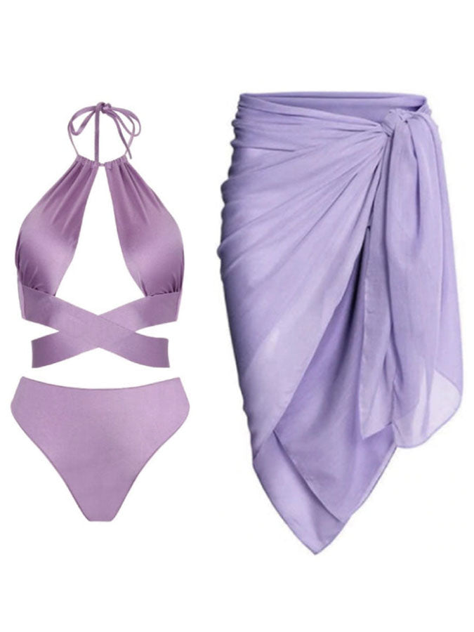 Solid Color Backless Bikini Set