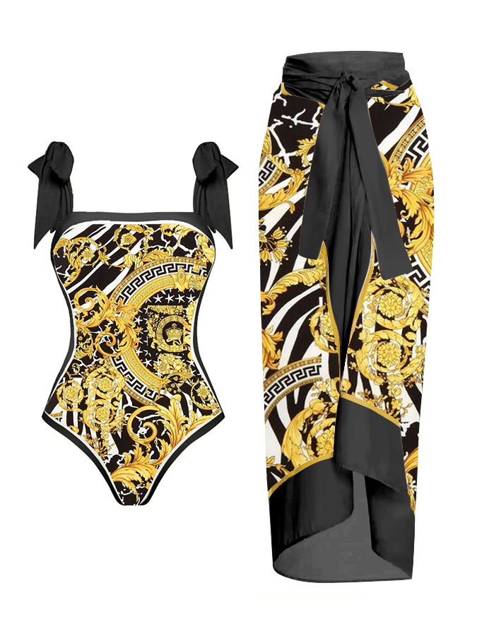 Vintage Chain Print One Piece Swimsuit And Cover Up