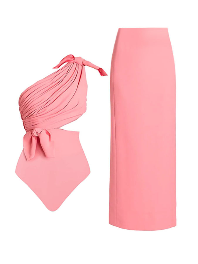 Plain One Shoulder One-Piece Swimsuit And Cover Up