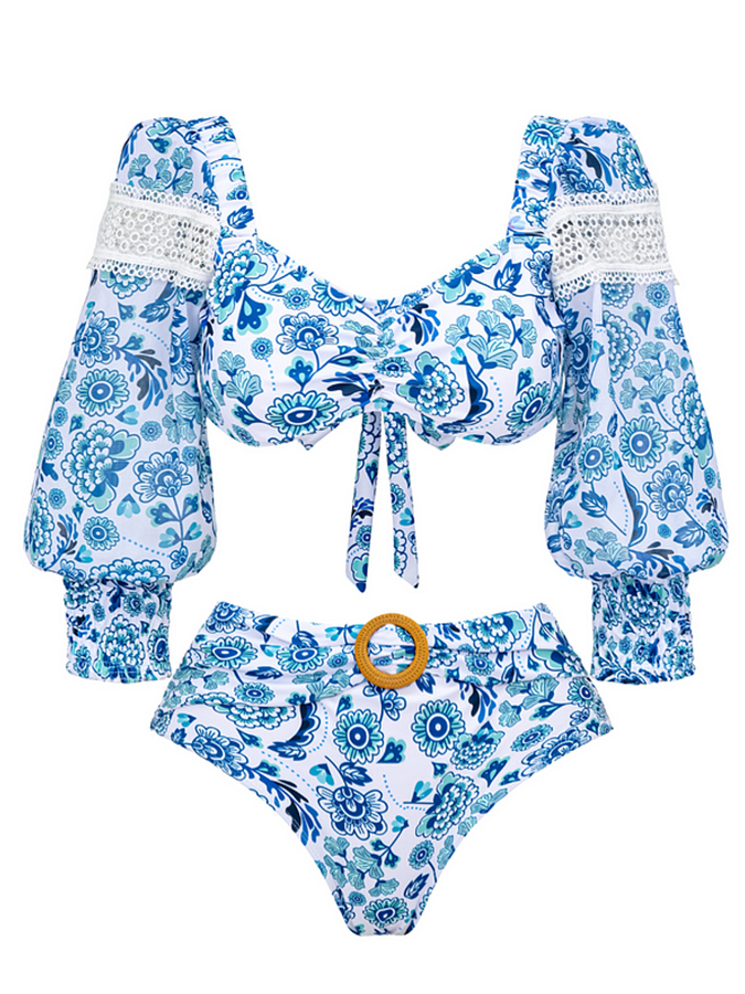 Blue Printed Panel Lace Swimsuit and Skirt