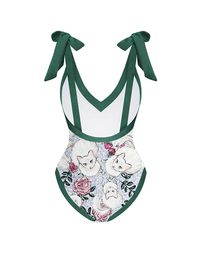 Cat Fashion Print Tie One Piece Swimsuit