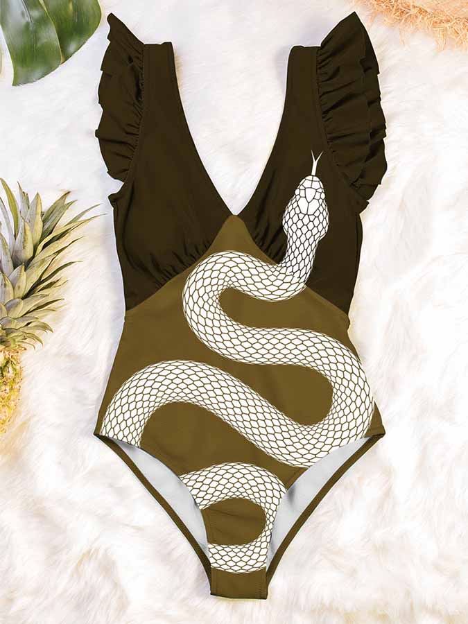 Deep V-Neck Ruffle Print One-Piece Swimsuit
