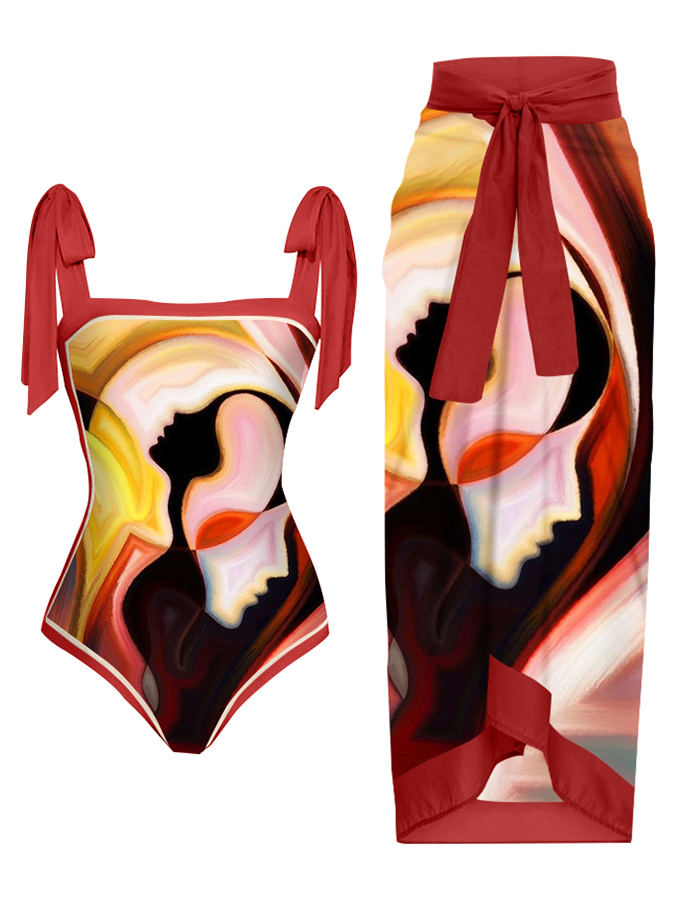 Fashion Vintage Abstract Print One Piece Swimsuit Set