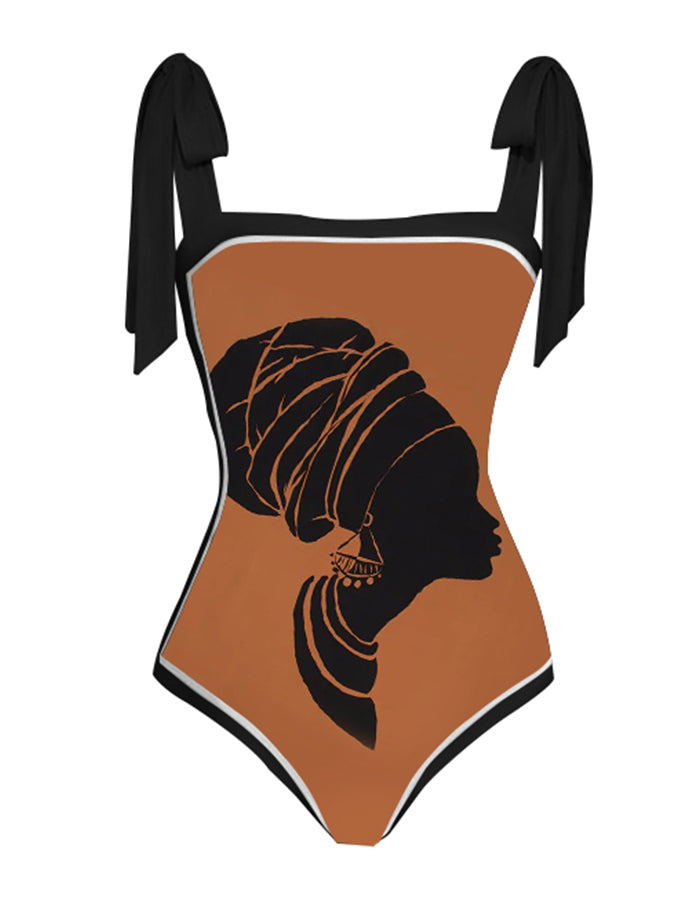Vintage Colorblock Print One-Piece Swimsuit Set