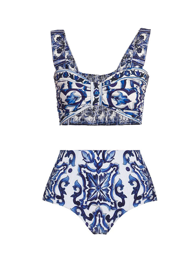 Fashion Vintage Print Bikini Swimsuit Set And Skirt