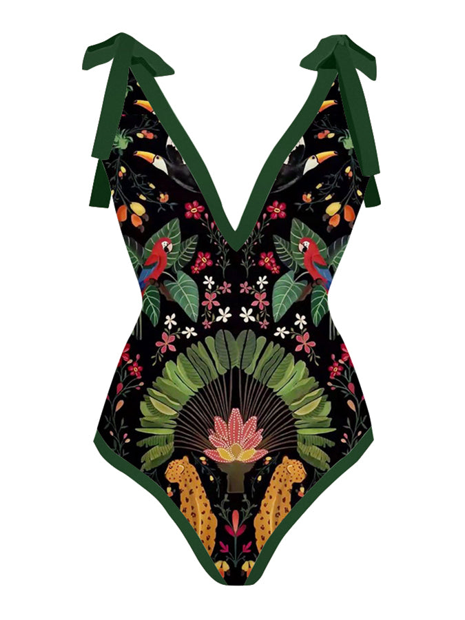 Vintage Print Deep V One Piece Swimsuit Set