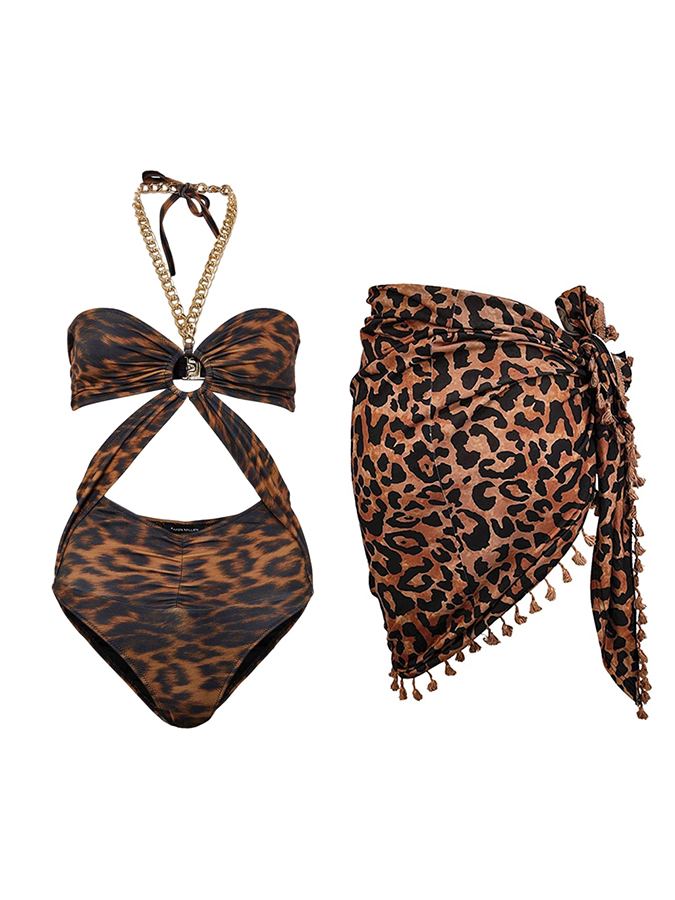 Leopard Print One Piece Swimsuit And Cover up