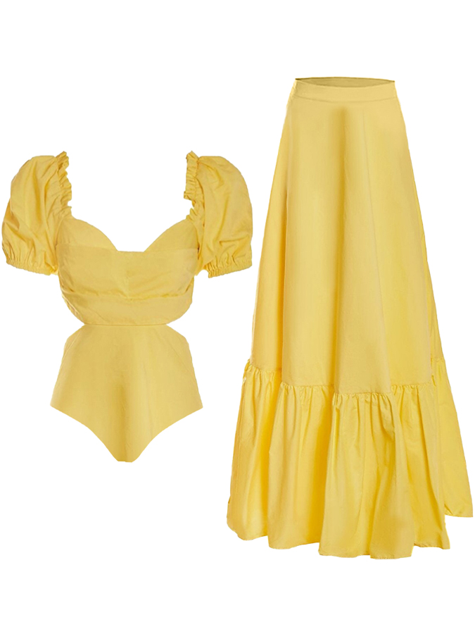 Beach Solid Puff Sleeve One-Piece Swimsuit and Skirt