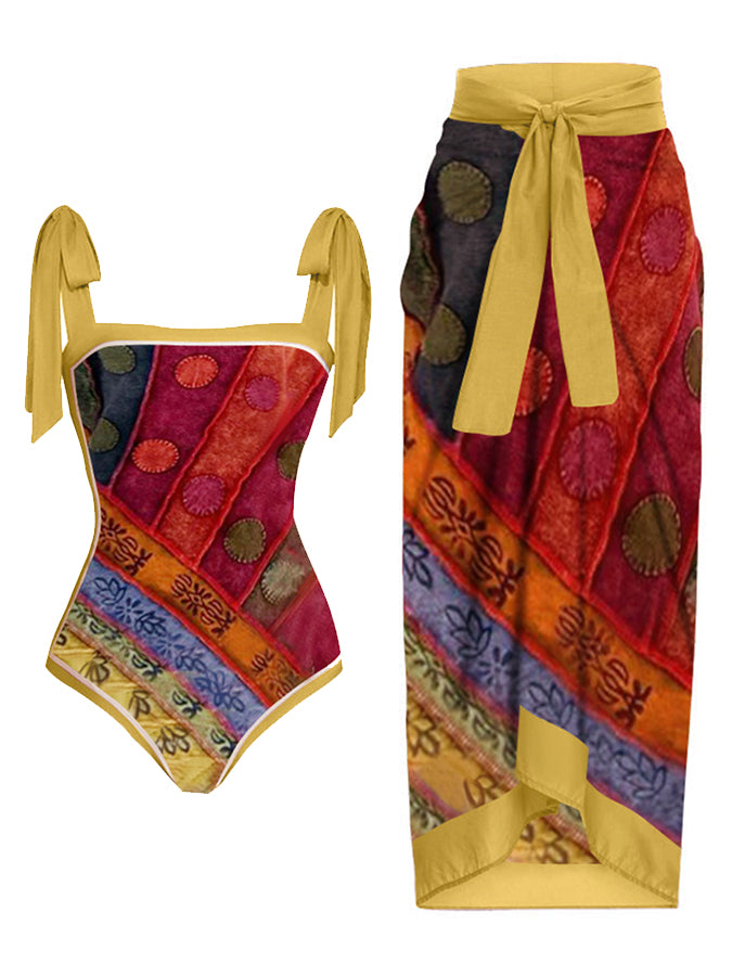 Vintage Colorblock Print One-Piece Swimsuit