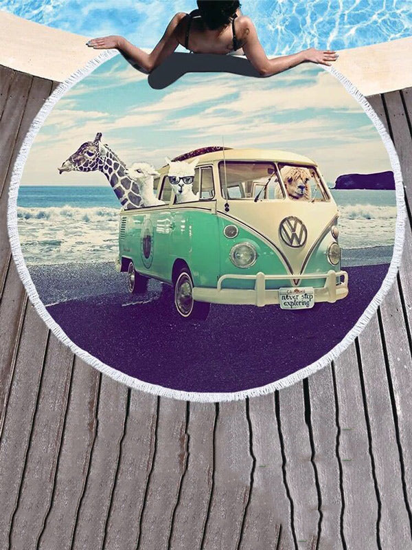 Stylish Round Shape Tasseled Floral Print Beanch Mat