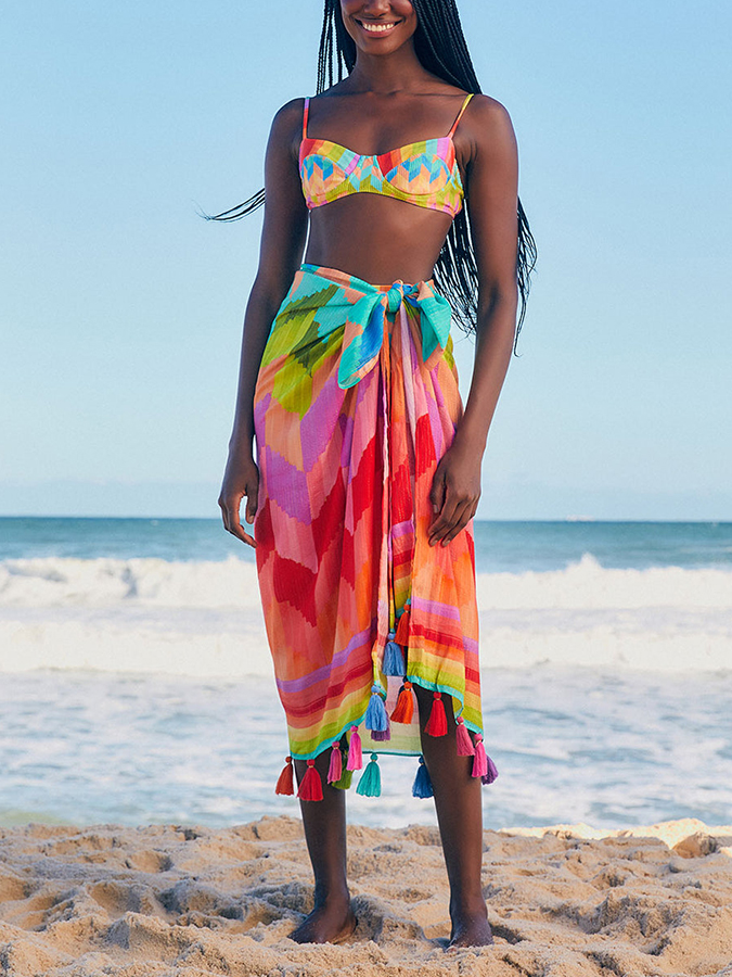 Fashion Rainbow Colorblock Beach Bikini Fringe Set