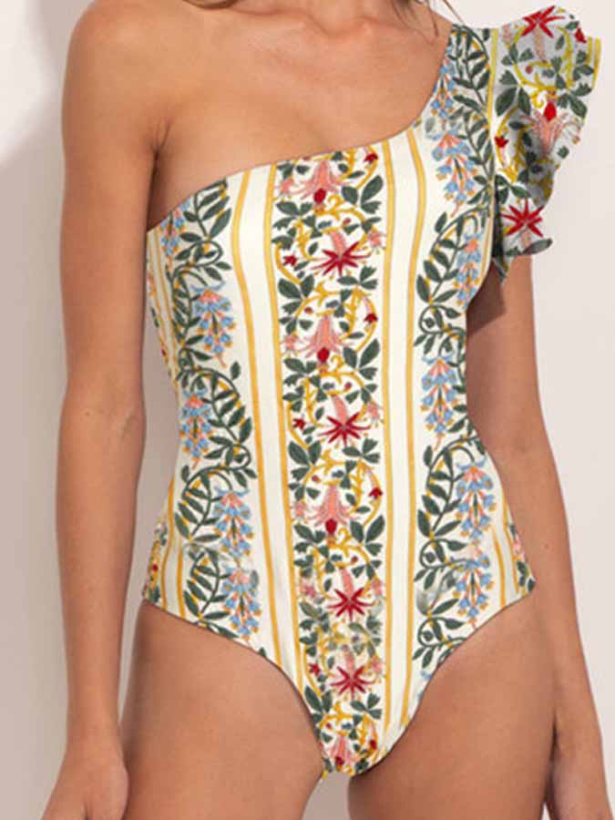 One-Shoulder Ruffled Printed Swimsuit