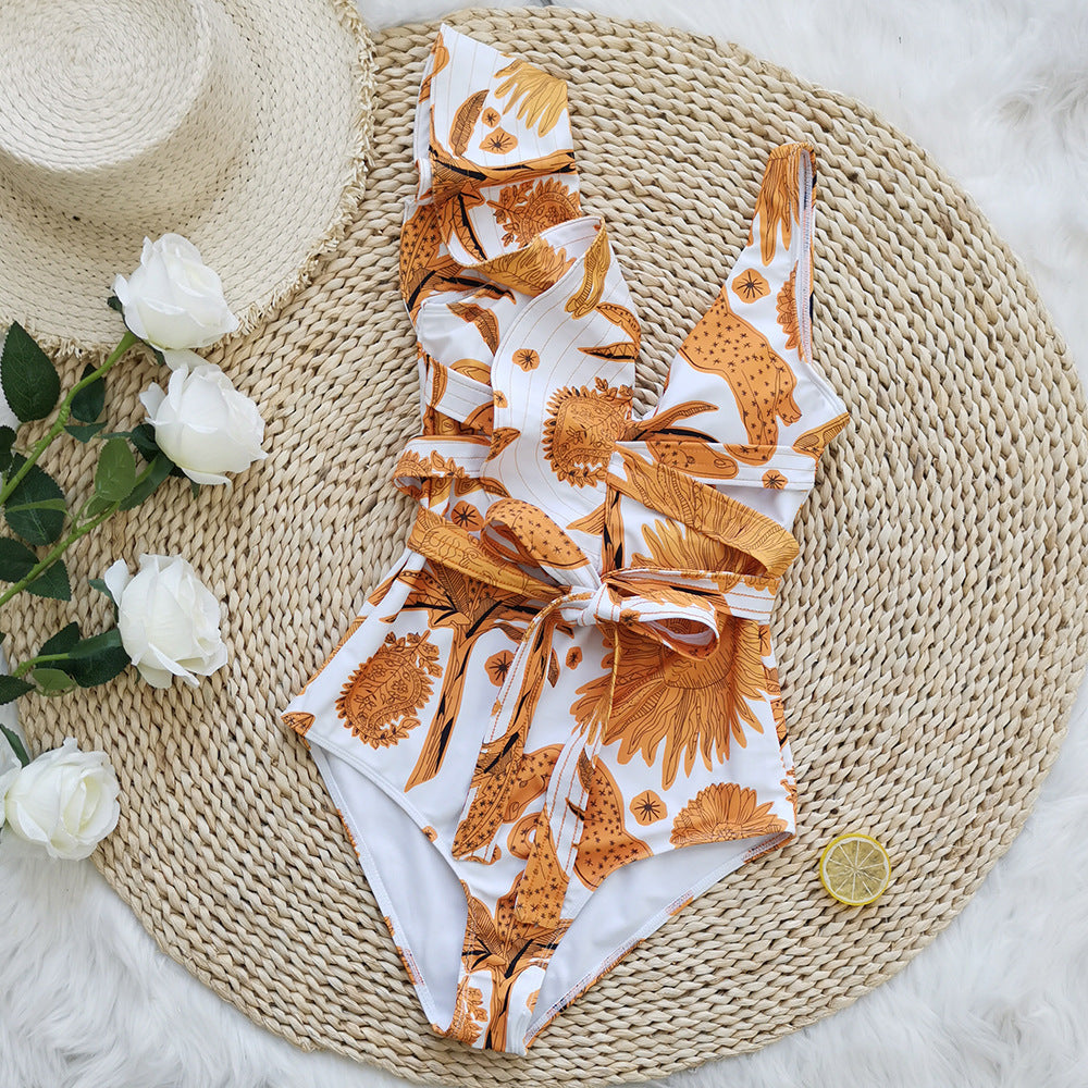 Ruffle V-Neck Belt Backless One Piece Swimwear