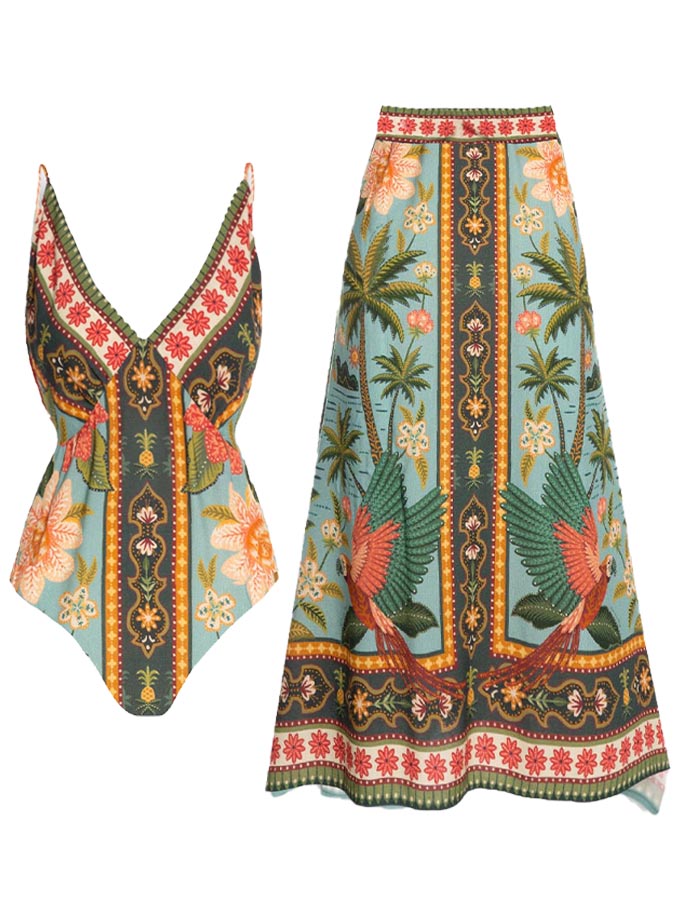 V Neck Vintage Print Swimsuit and Skirt
